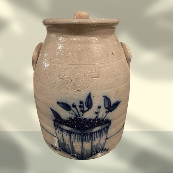 Vintage Salmon Falls Stoneware PotteryBig Heavy Jar With Lid Stamped.